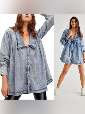 NWT Free People ruffle collar denim swing top or mini dress size large